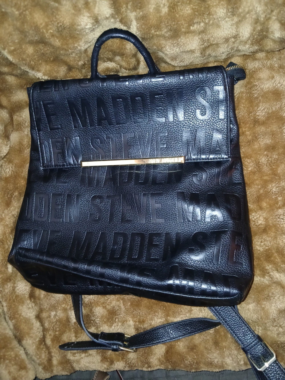 Steve Madden Black Embossed Leather Backpack Purse